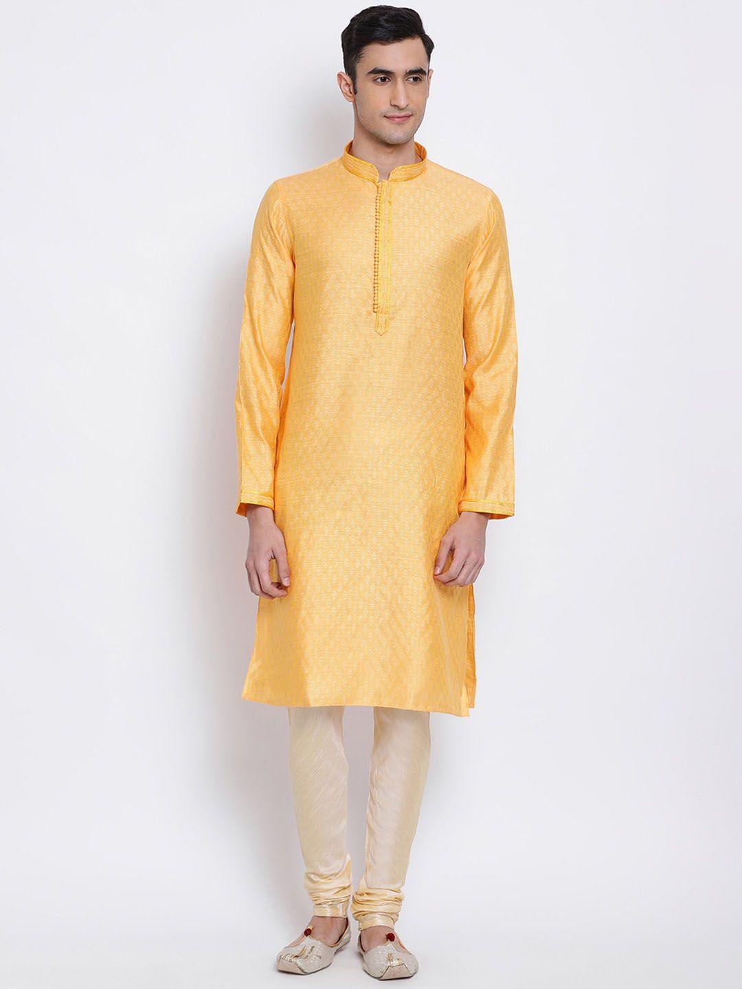 sanwara men yellow & beige woven design kurta with churidar
