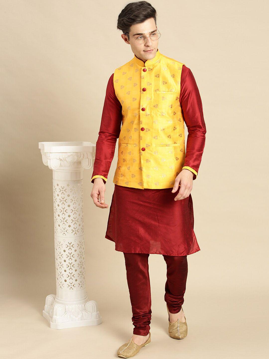 sanwara men yellow & maroon kurta nehru jacket set with churidar