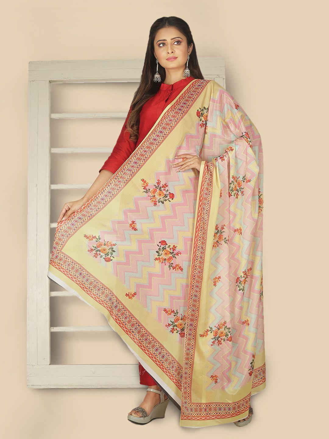 sanwara yellow & red printed pure silk dupatta