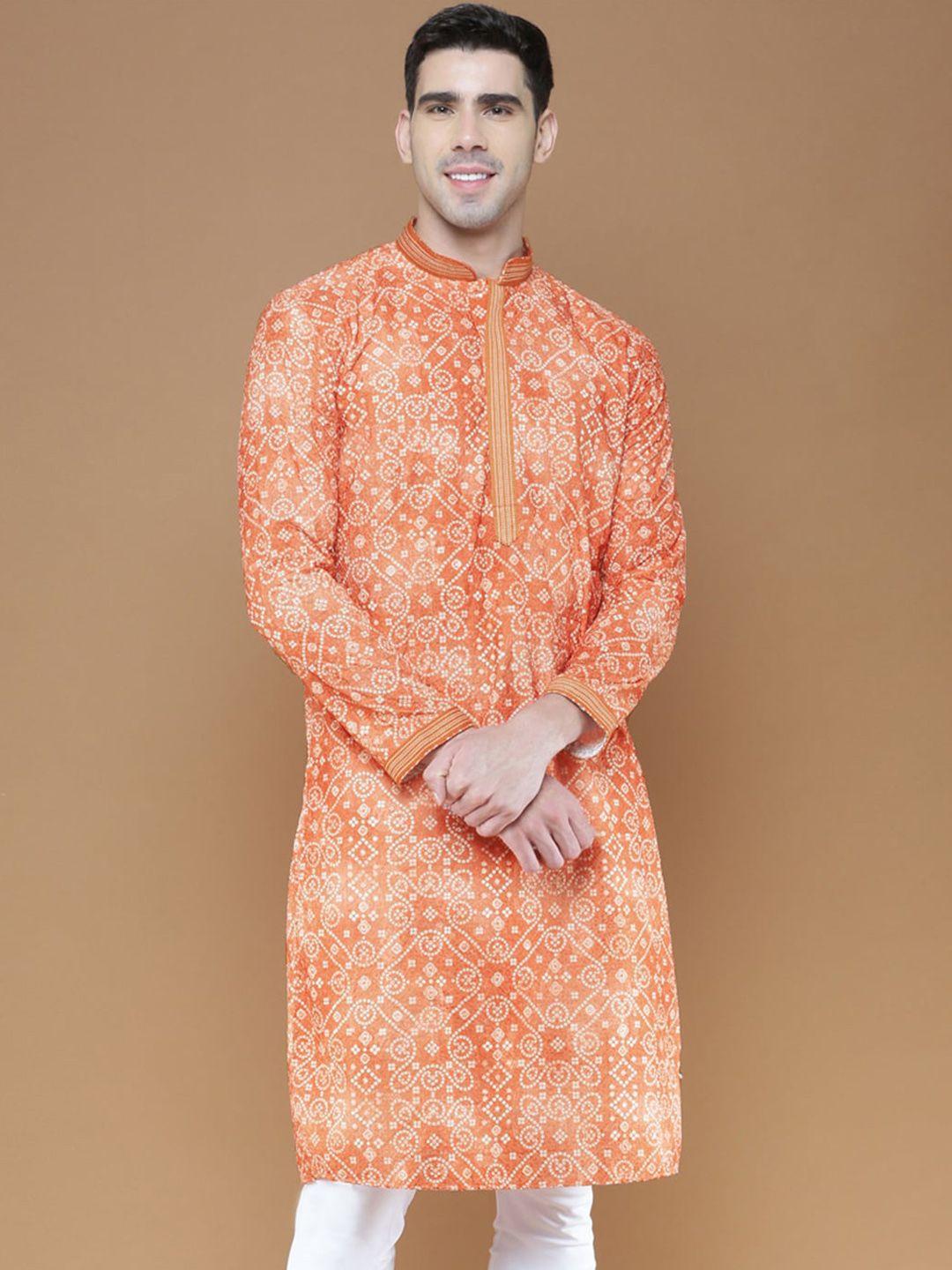 sanwara bandhani printed mandarin collar chikankari cotton straight kurta