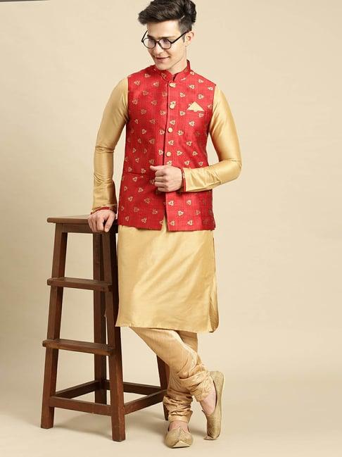 sanwara beige & red kurta churidar & jacket set