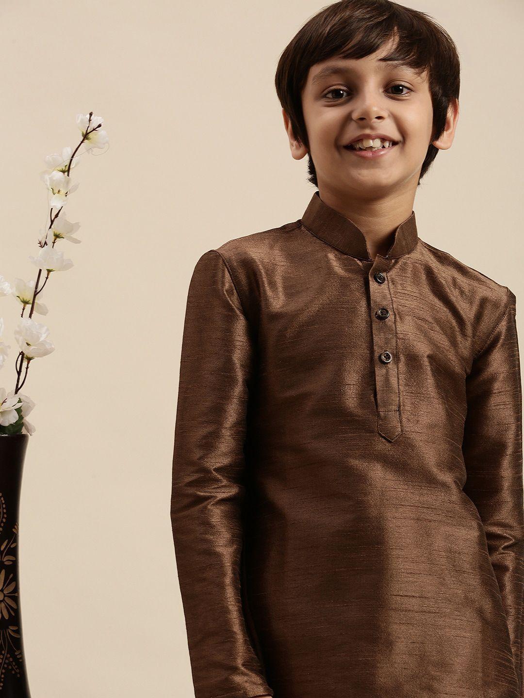 sanwara boys brown & off white art silk kurta with pyjamas