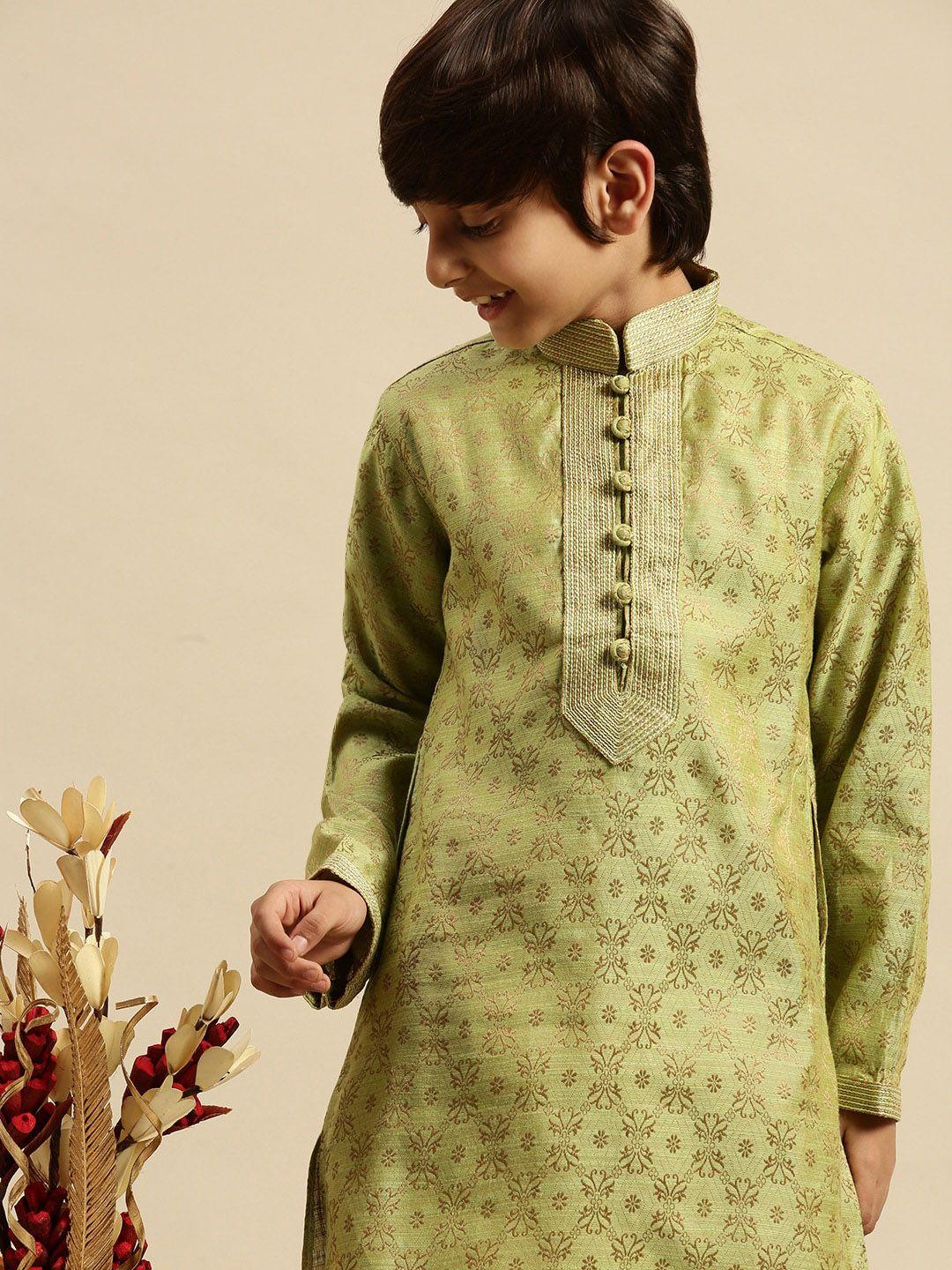 sanwara boys green & gold-toned ethnic motifs art silk kurta