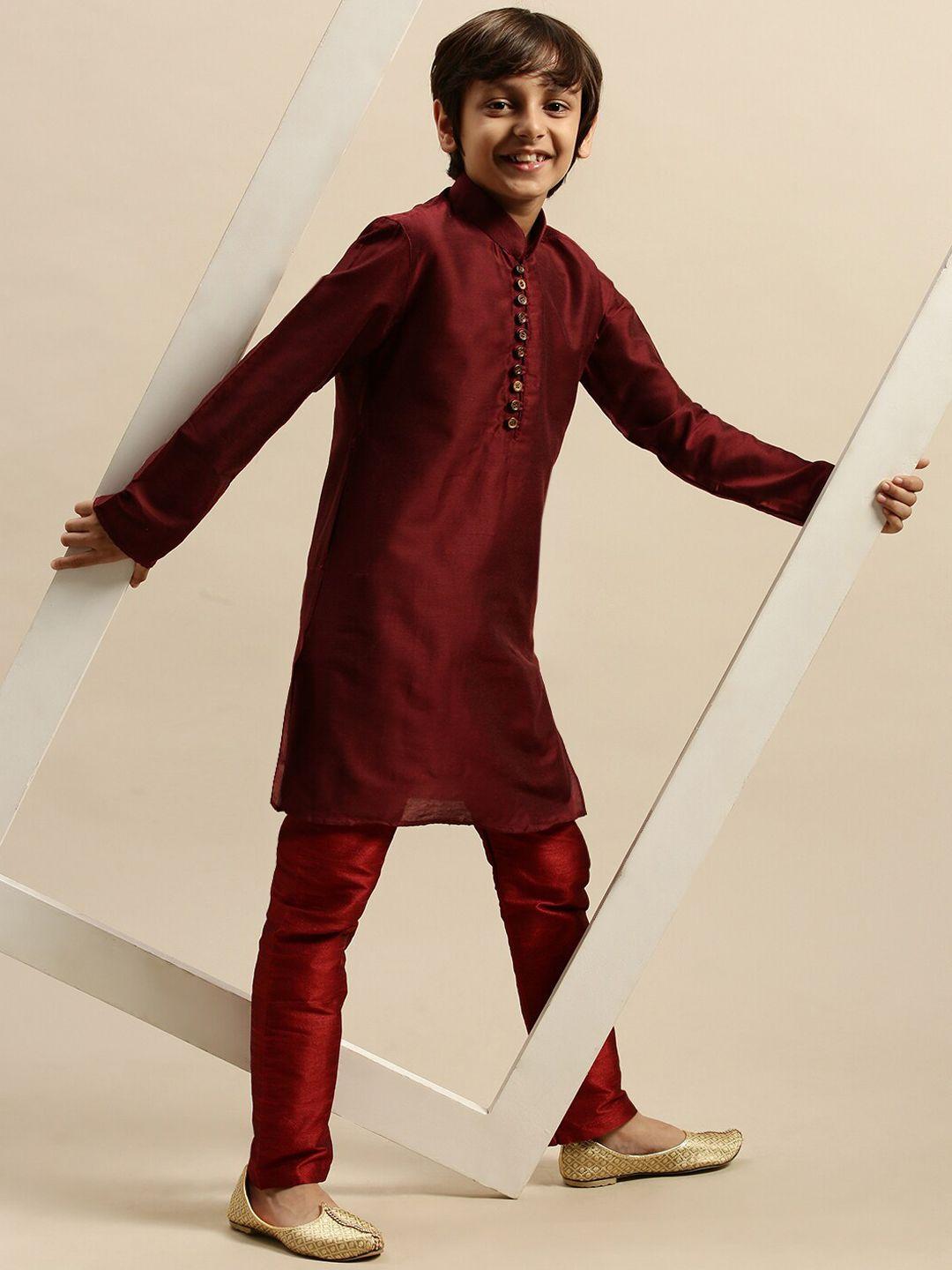 sanwara boys maroon pure cotton kurta with pyjamas