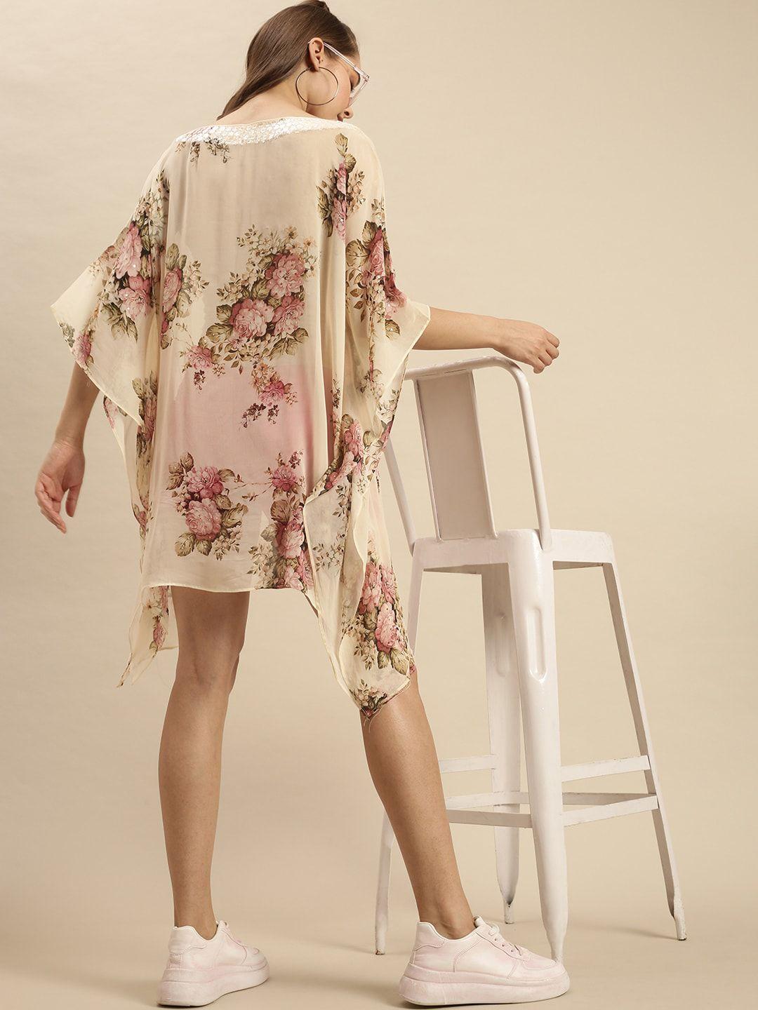 sanwara cream-coloured floral georgette kaftan dress