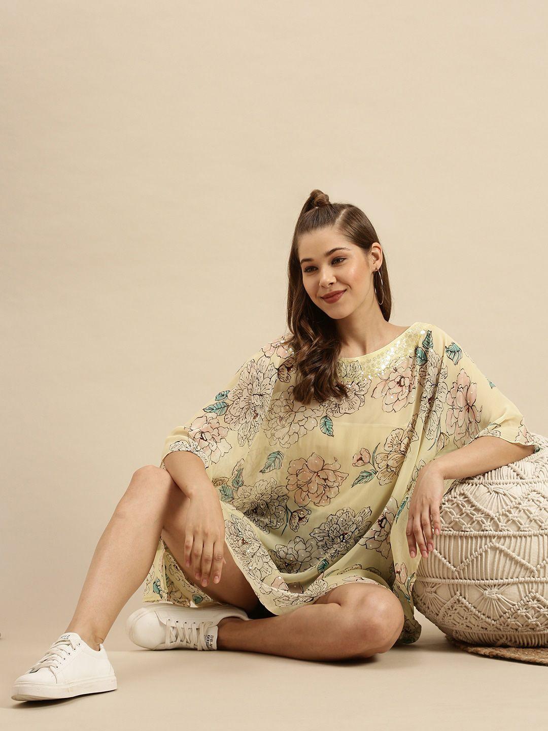 sanwara cream-coloured floral georgette sheer kaftan dress