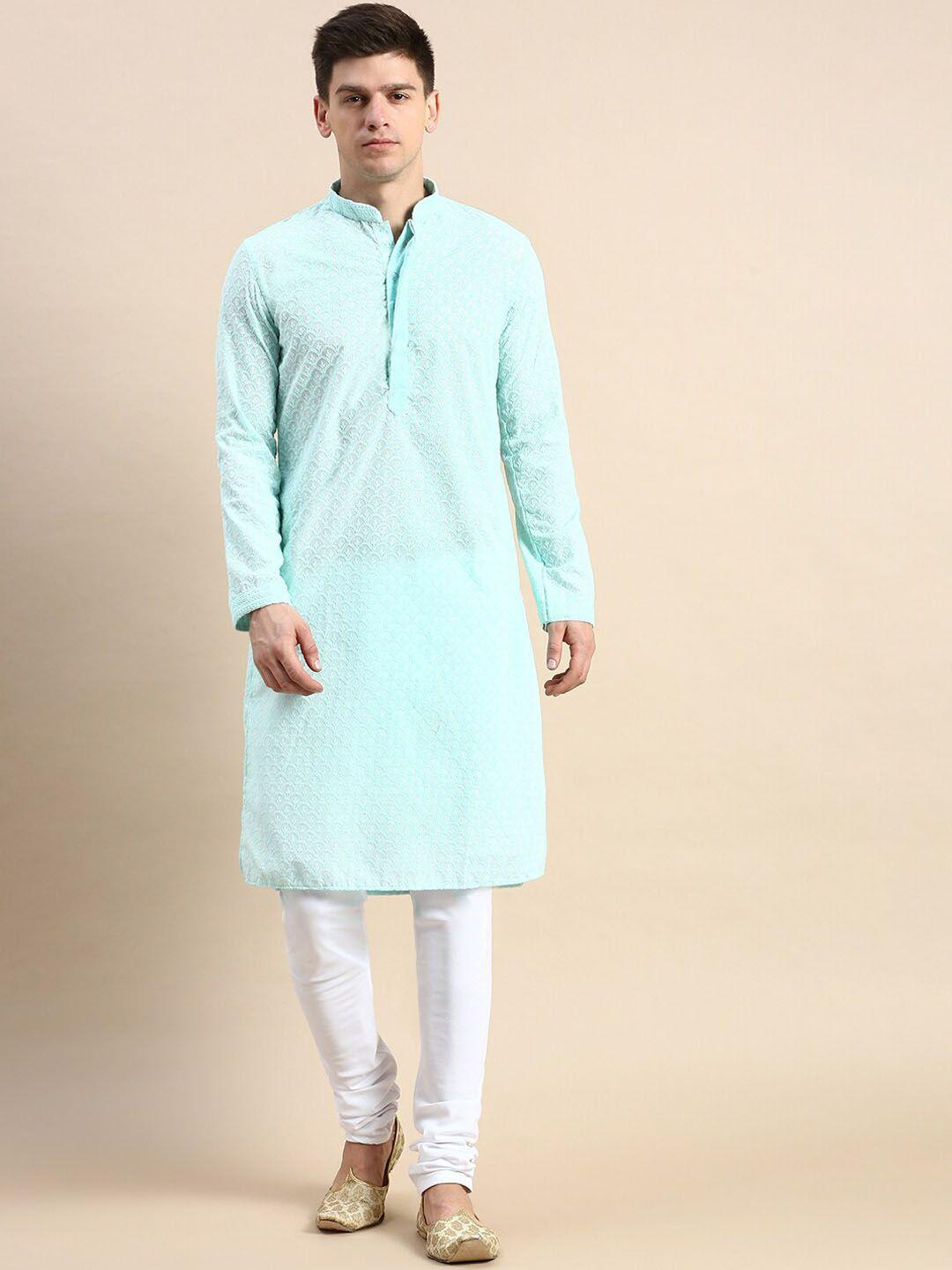 sanwara embroidered mandarin collar chikankari pure cotton kurta with churidar