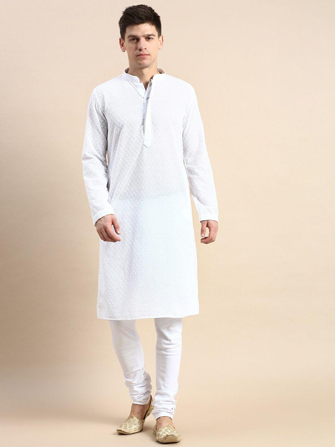 sanwara embroidered mandarin collar chikankari pure cotton kurta with churidar