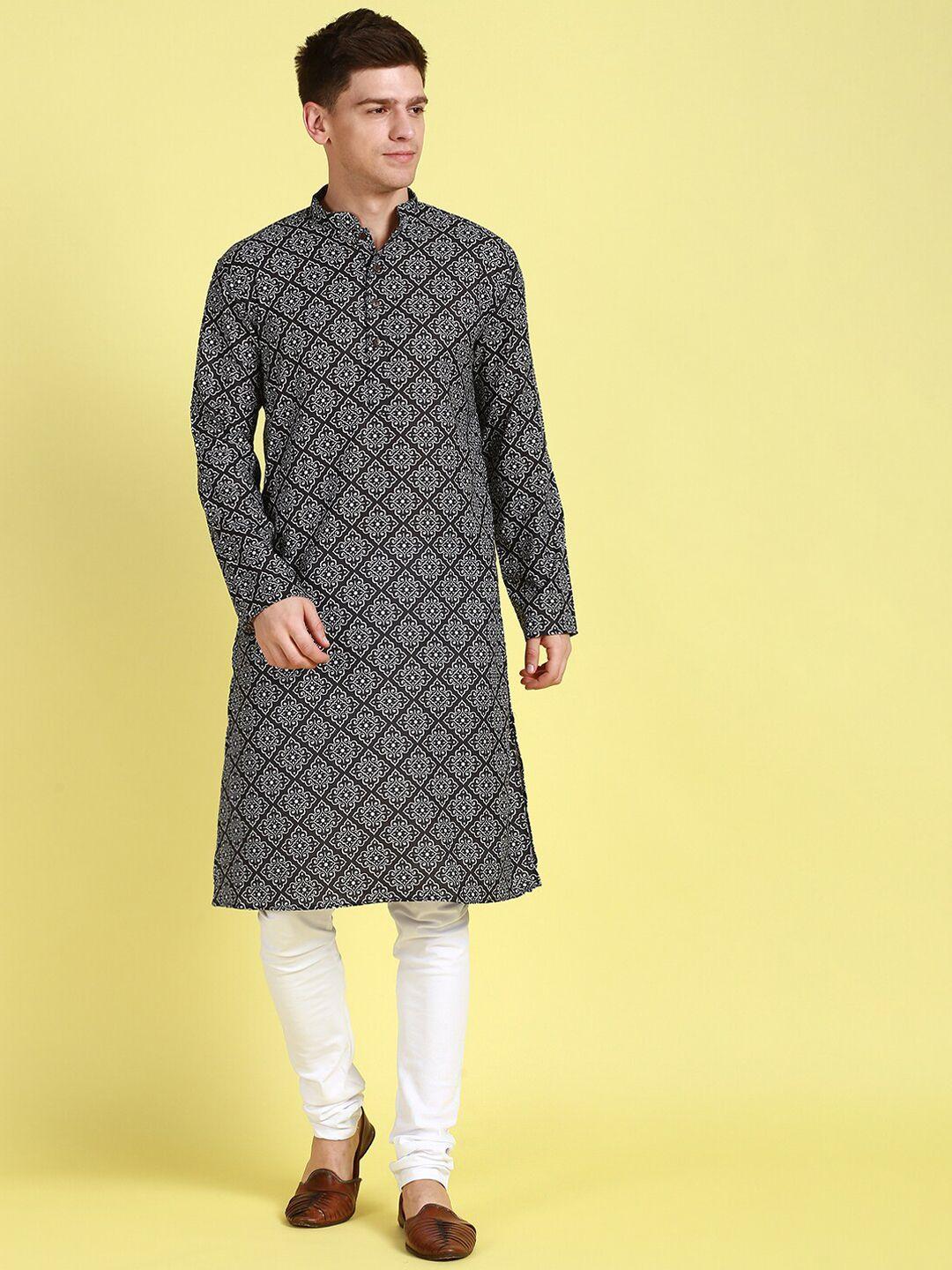 sanwara ethnic motifs printed mandarin collar straight pure cotton kurta with churidar