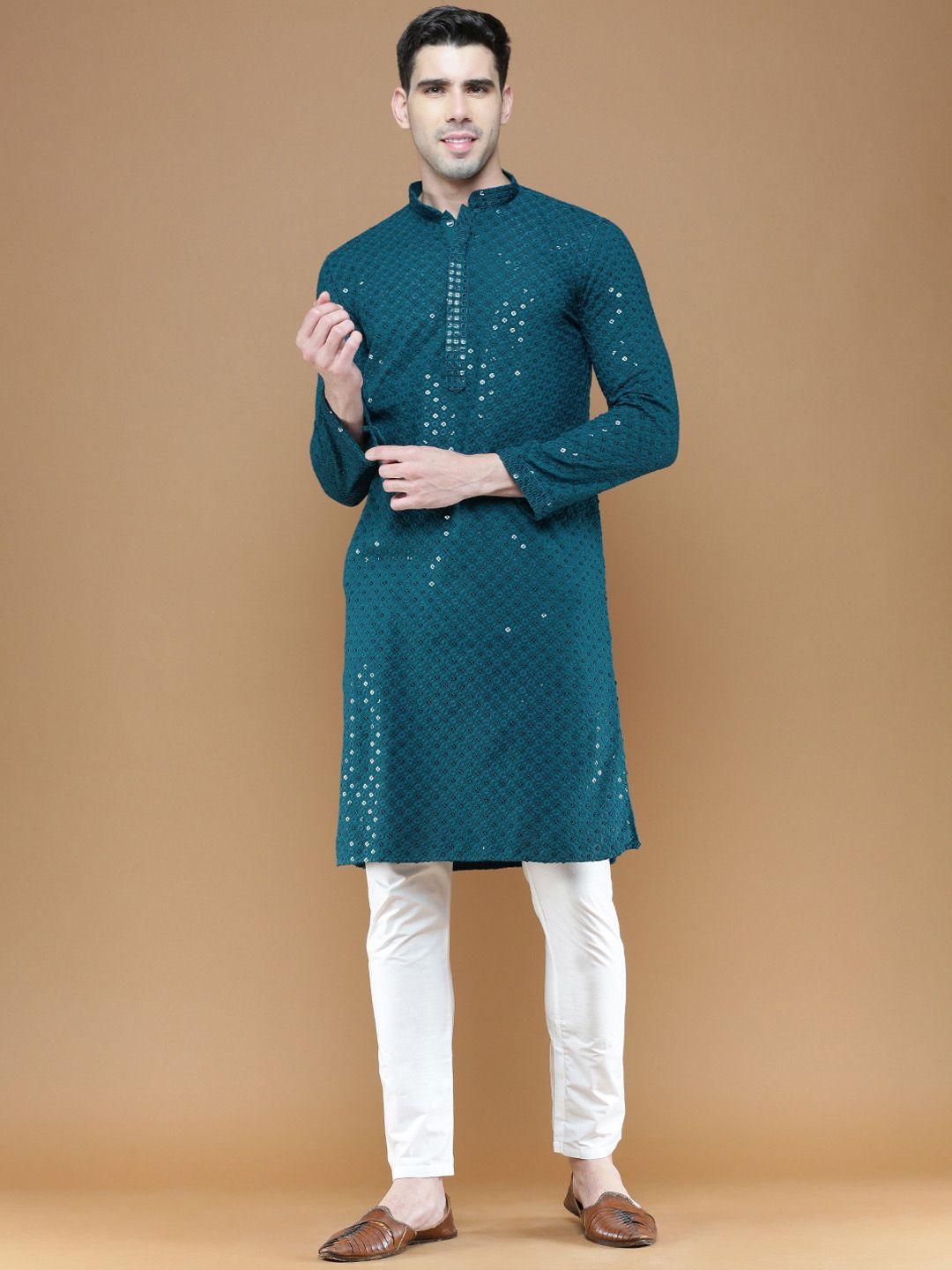 sanwara floral embroidered pure cotton sequinned kurta with pyjamas