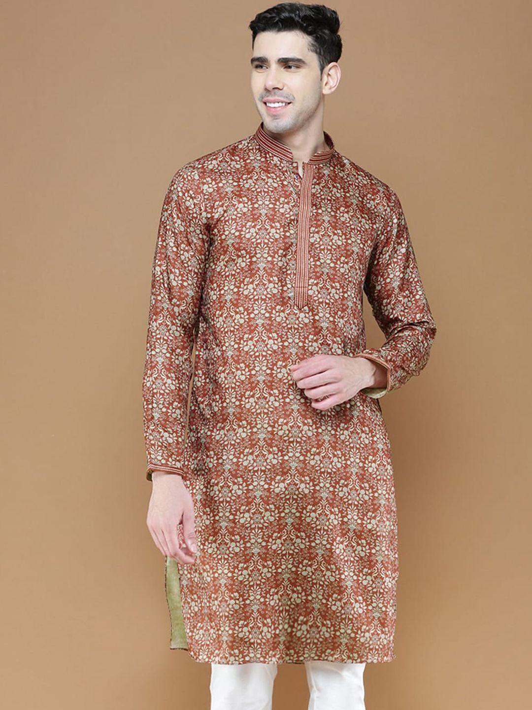 sanwara floral printed mandarin collar thread work silk straight kurta