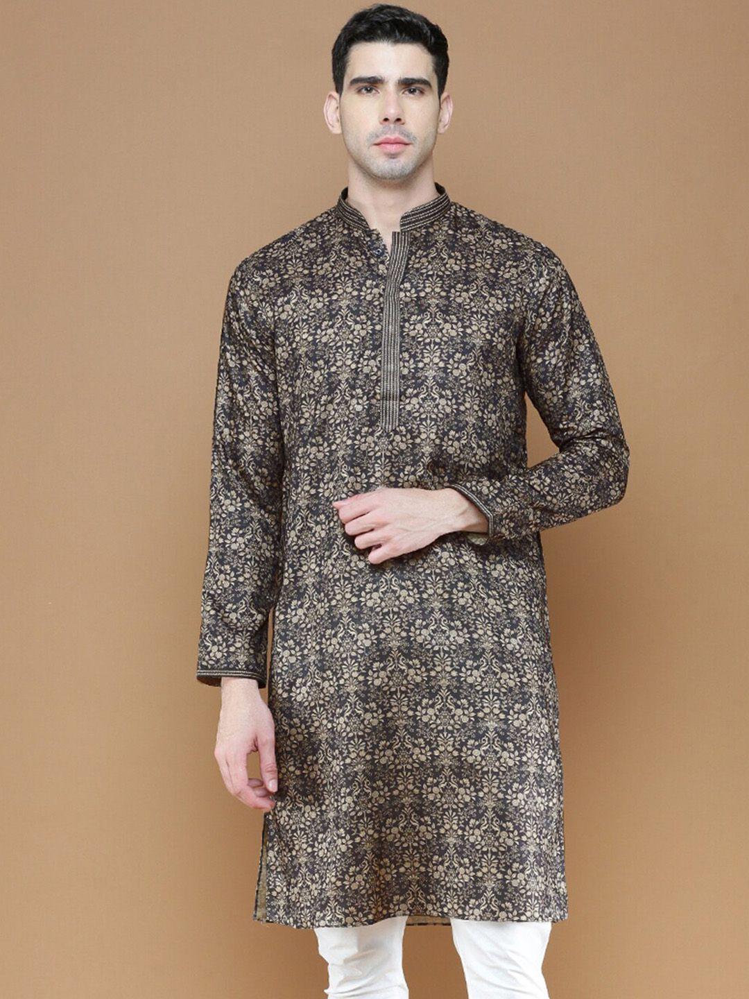 sanwara floral printed mandarin collar thread work silk straight kurta