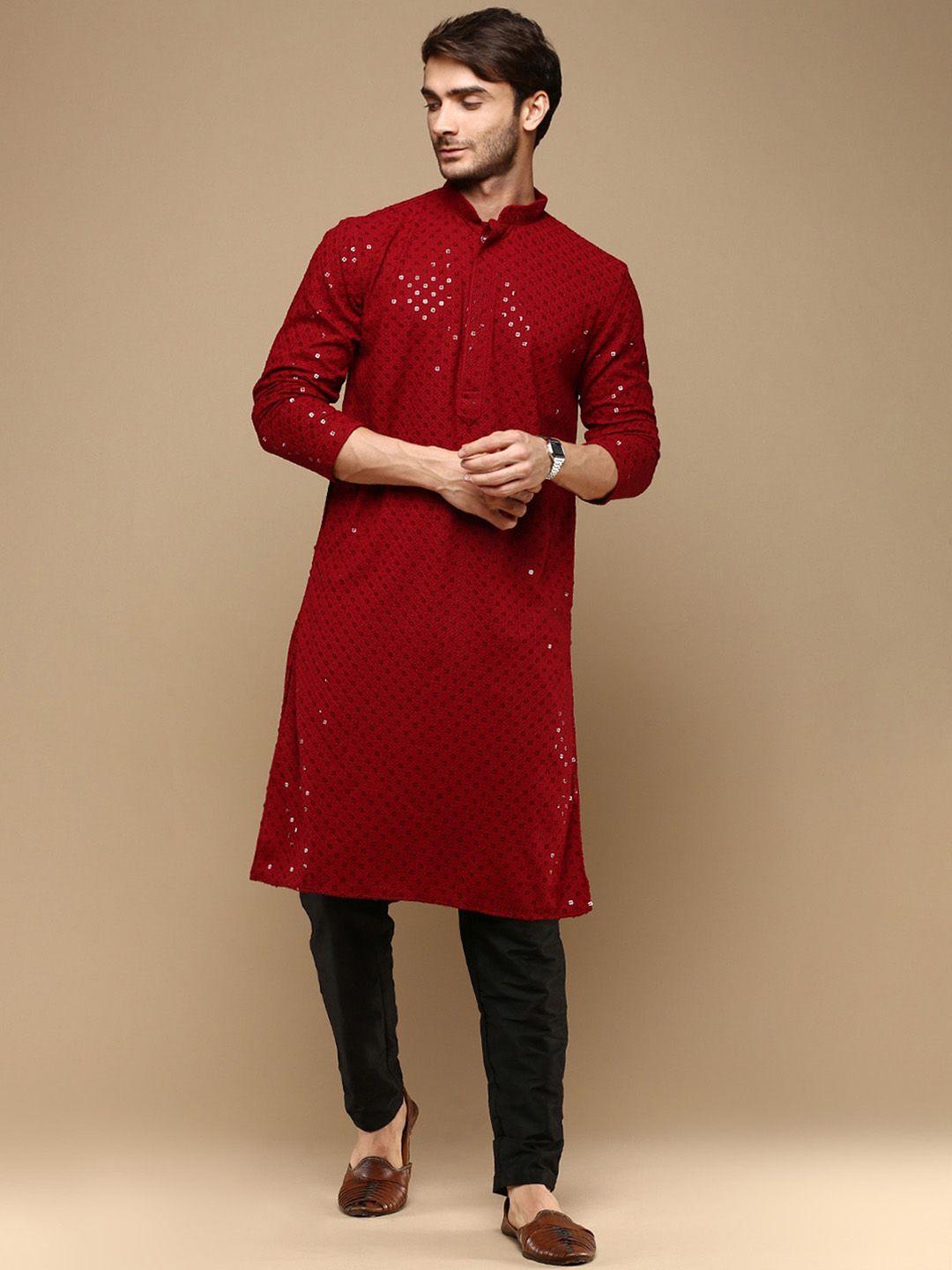 sanwara geometric embroidered mandarin collar cotton regular kurta with pyjama