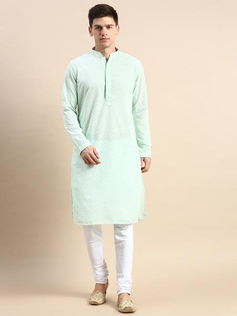 sanwara light green cotton regular fit embroidered kurta bottom set
