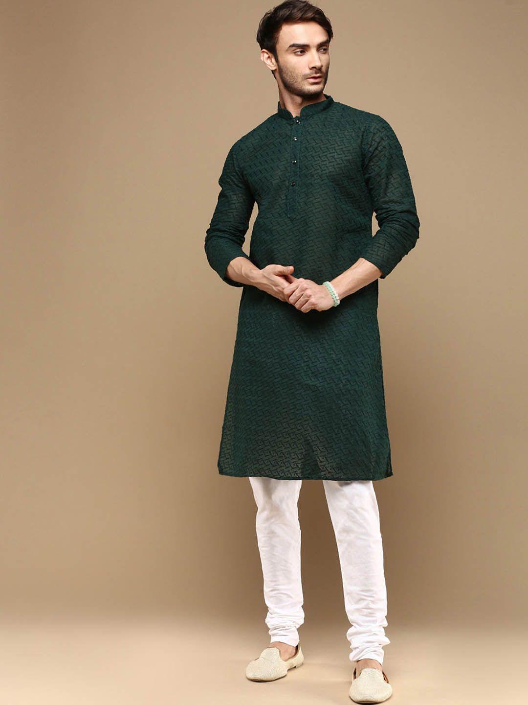 sanwara mandarin collar long sleeves ethnic embroidered straight kurta with pyjamas