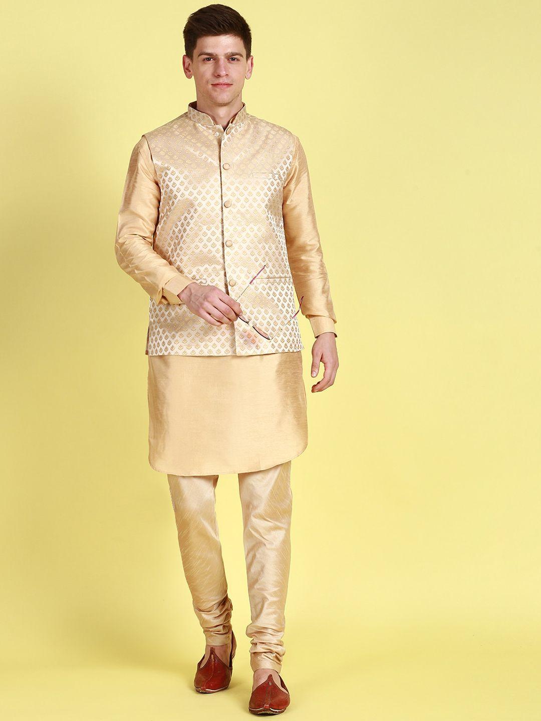 sanwara mandarin collar straight kurta with churidar & nehru jacket