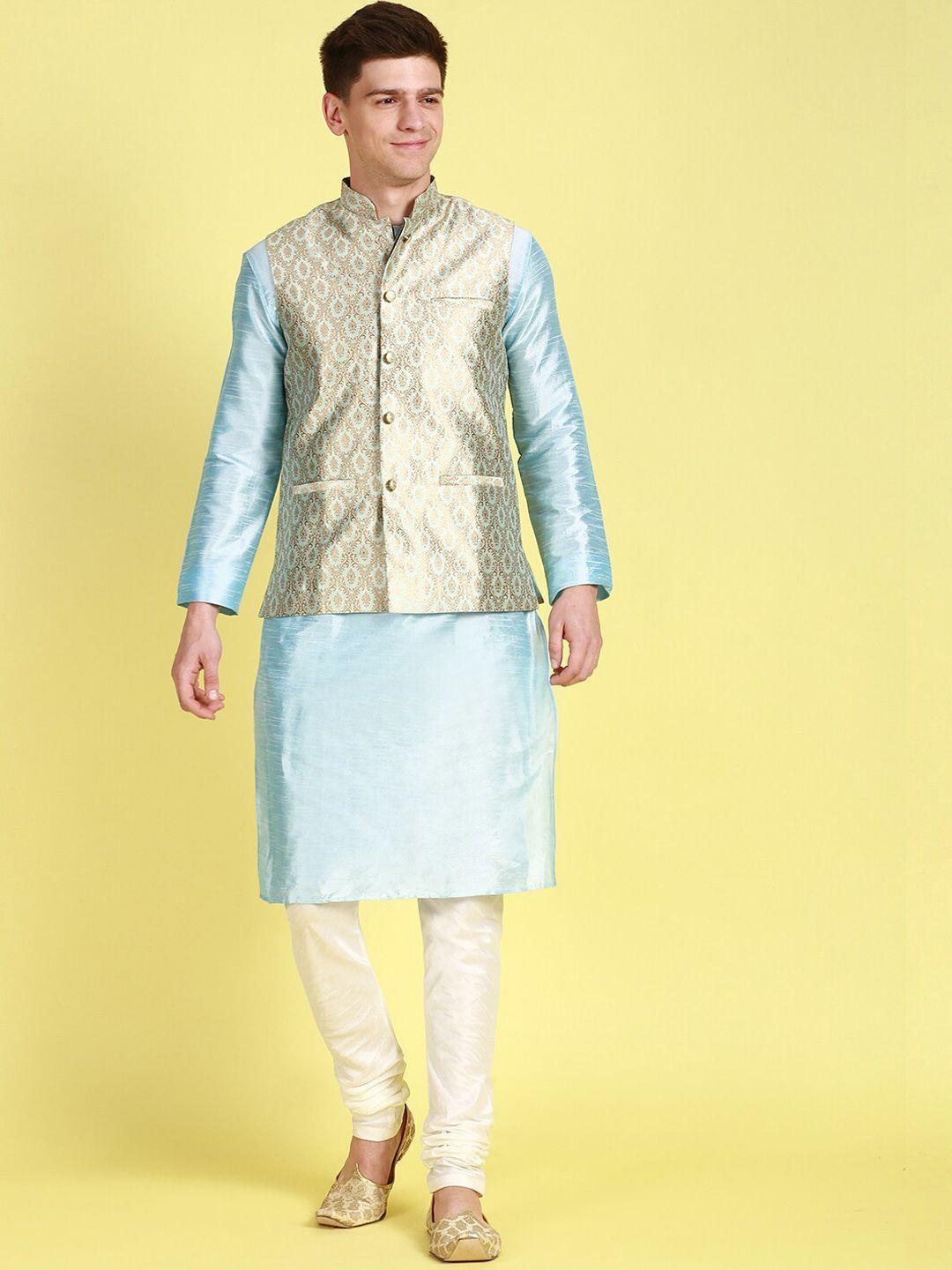 sanwara mandarin collar straight kurta with churidar & nehru jacket