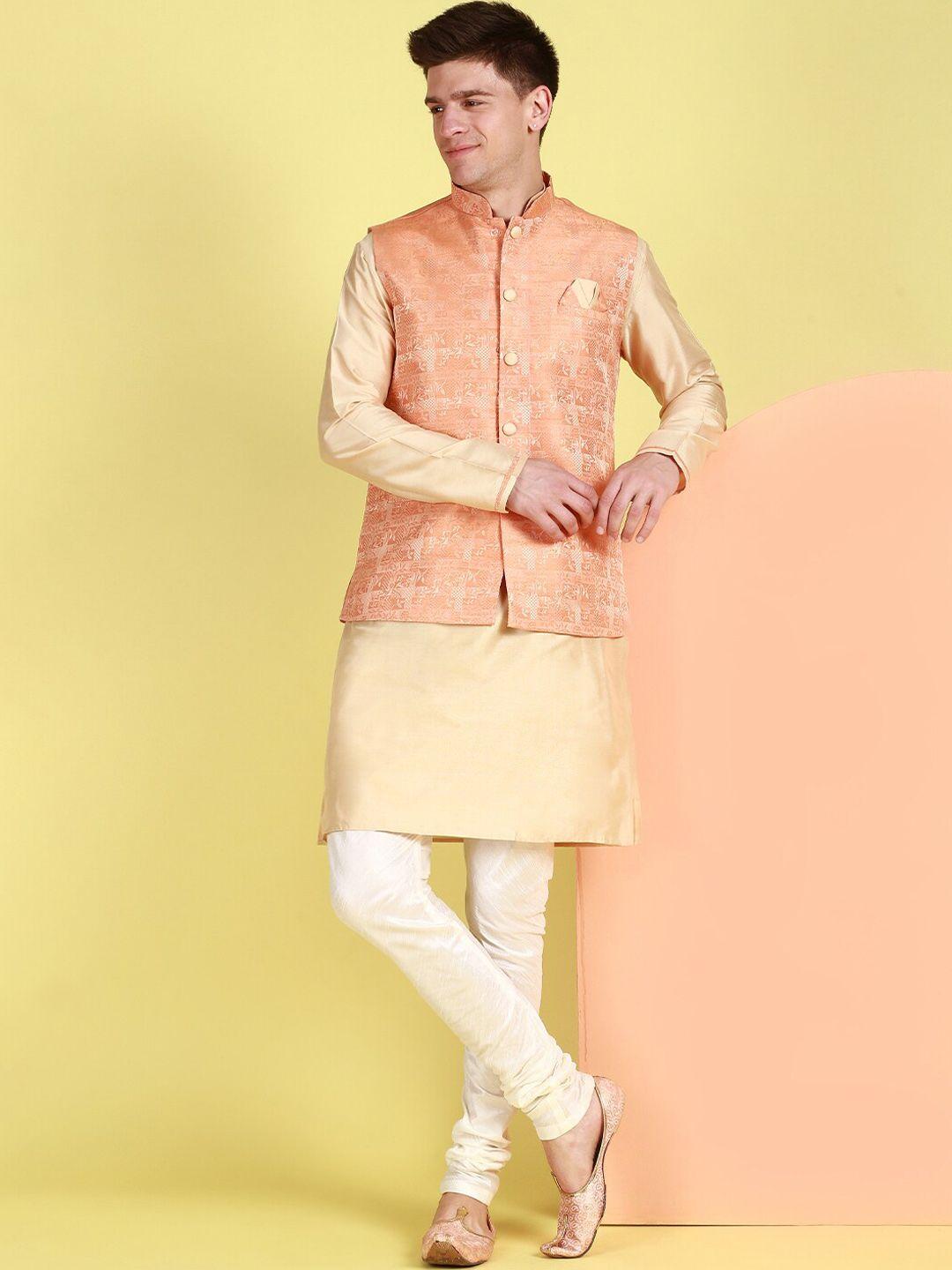 sanwara mandarin collar straight kurta with churidar & nehru jacket