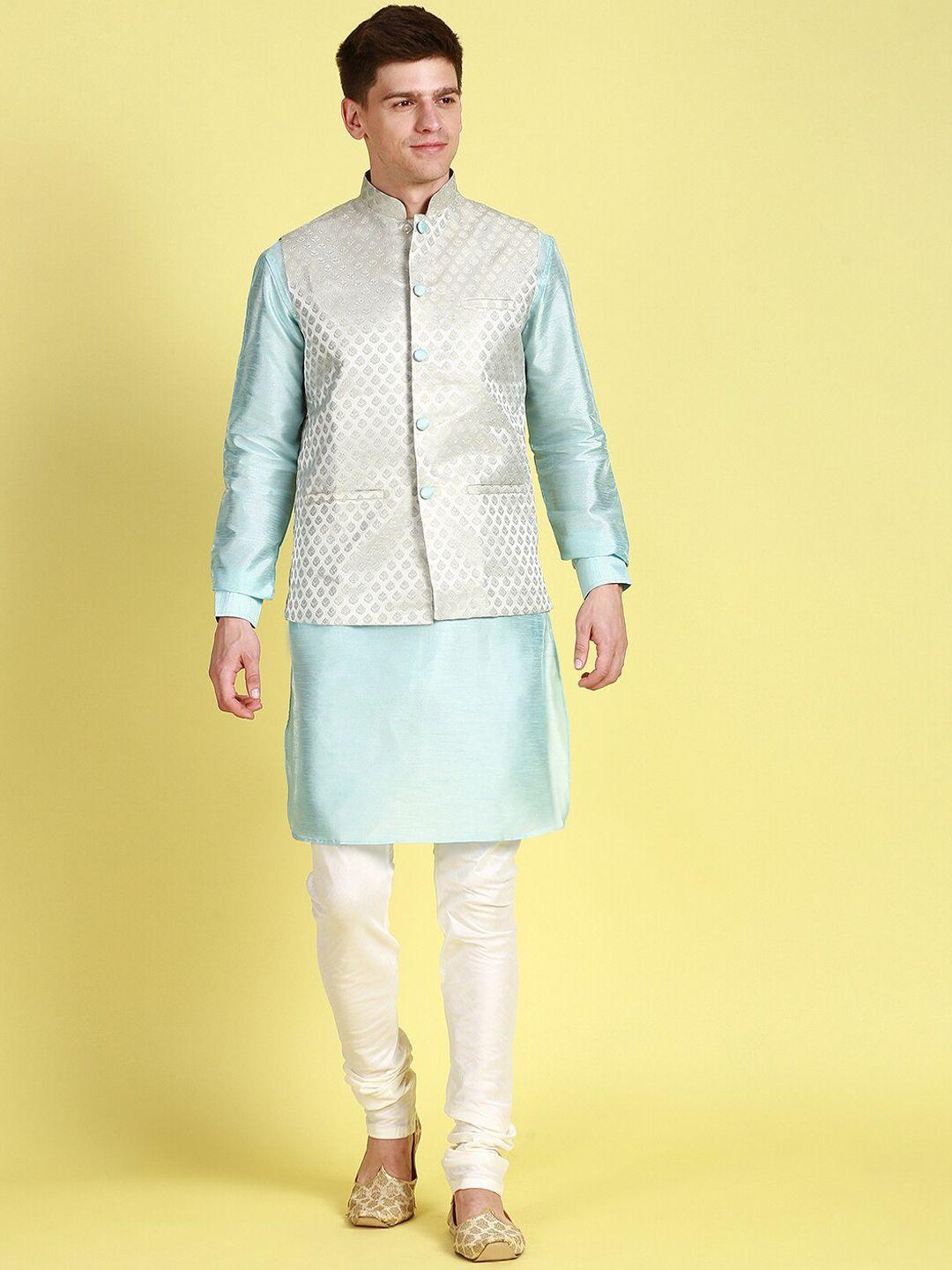 sanwara mandarin collar straight kurta with churidar & nehru jacket