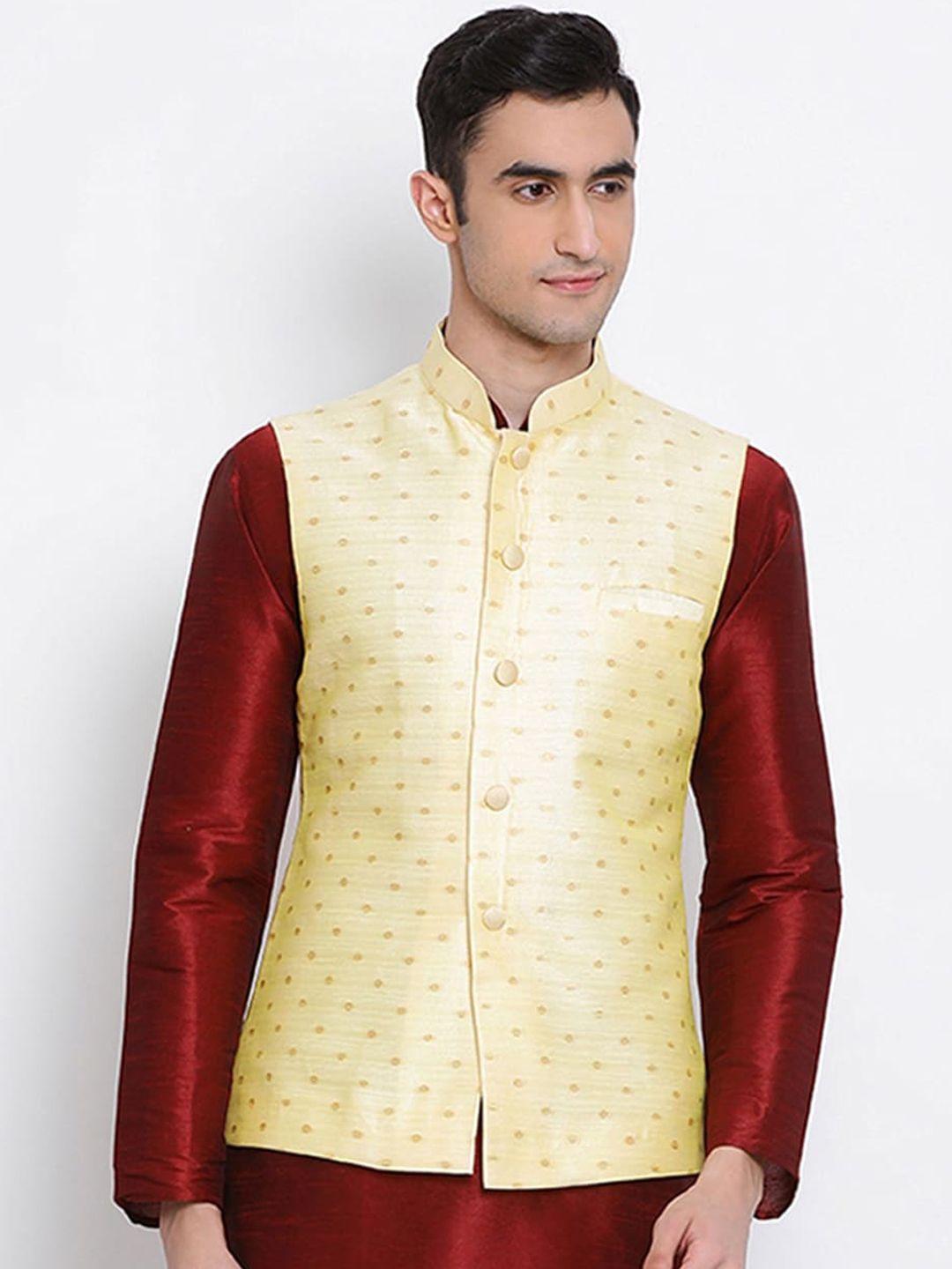 sanwara men beige & gold-coloured woven design nehru jacket
