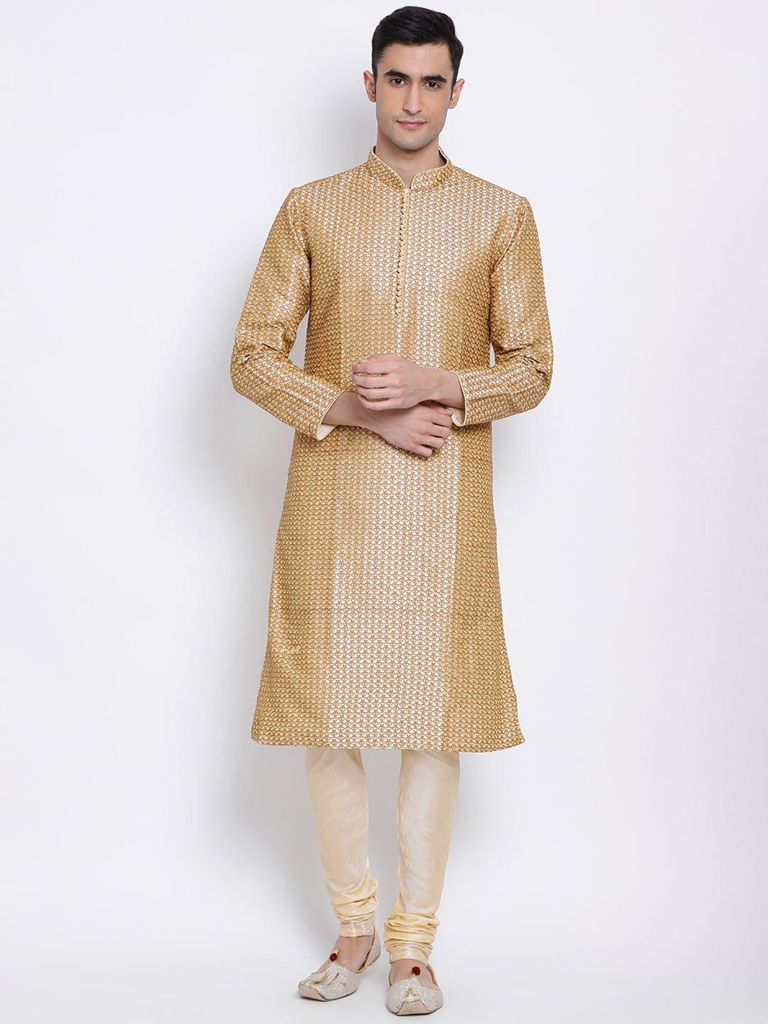 sanwara men beige & gold-toned woven design kurta with pyjamas