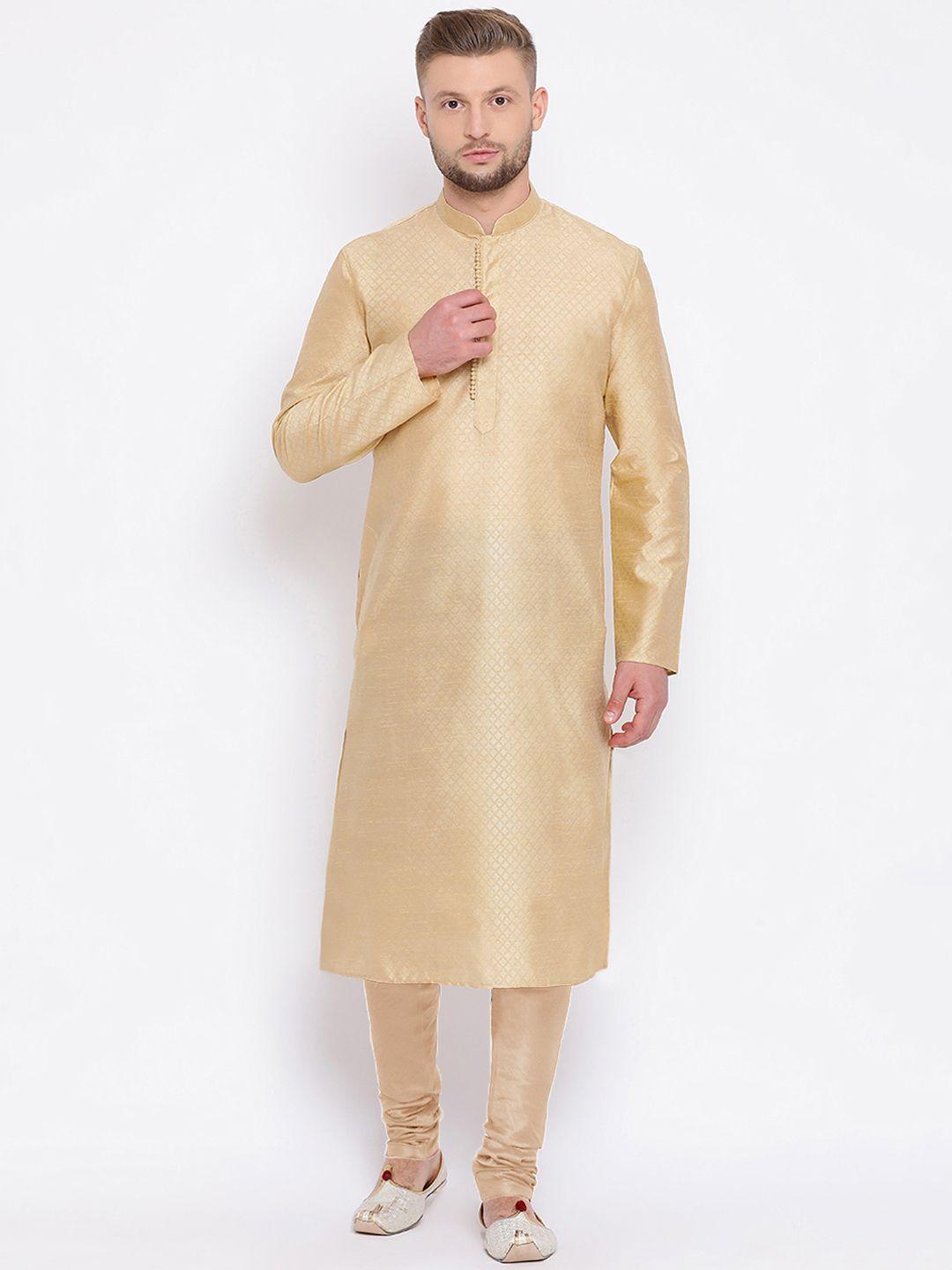 sanwara men beige regular dupion silk kurta with churidar