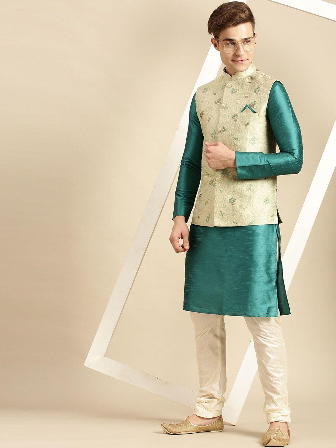 sanwara men beige woven design printed nehru jacket