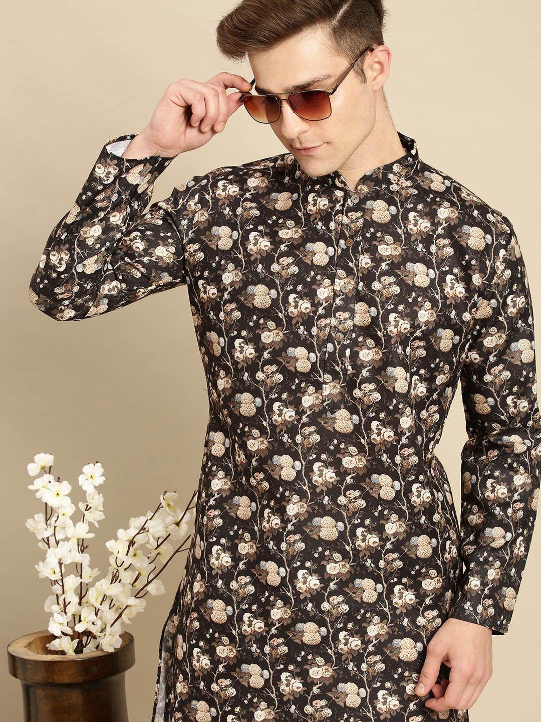 sanwara men black & beige floral printed floral kurta