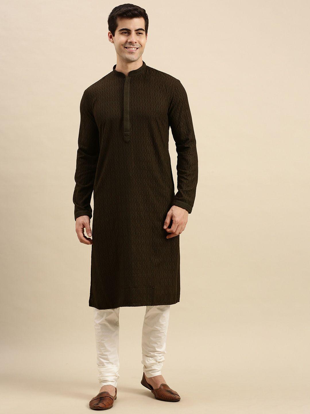 sanwara men black embroidered chikankari pure cotton kurta with pyjamas