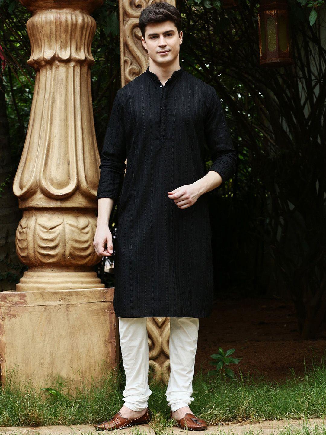 sanwara men black floral embroidered regular chikankari pure cotton kurta with churidar