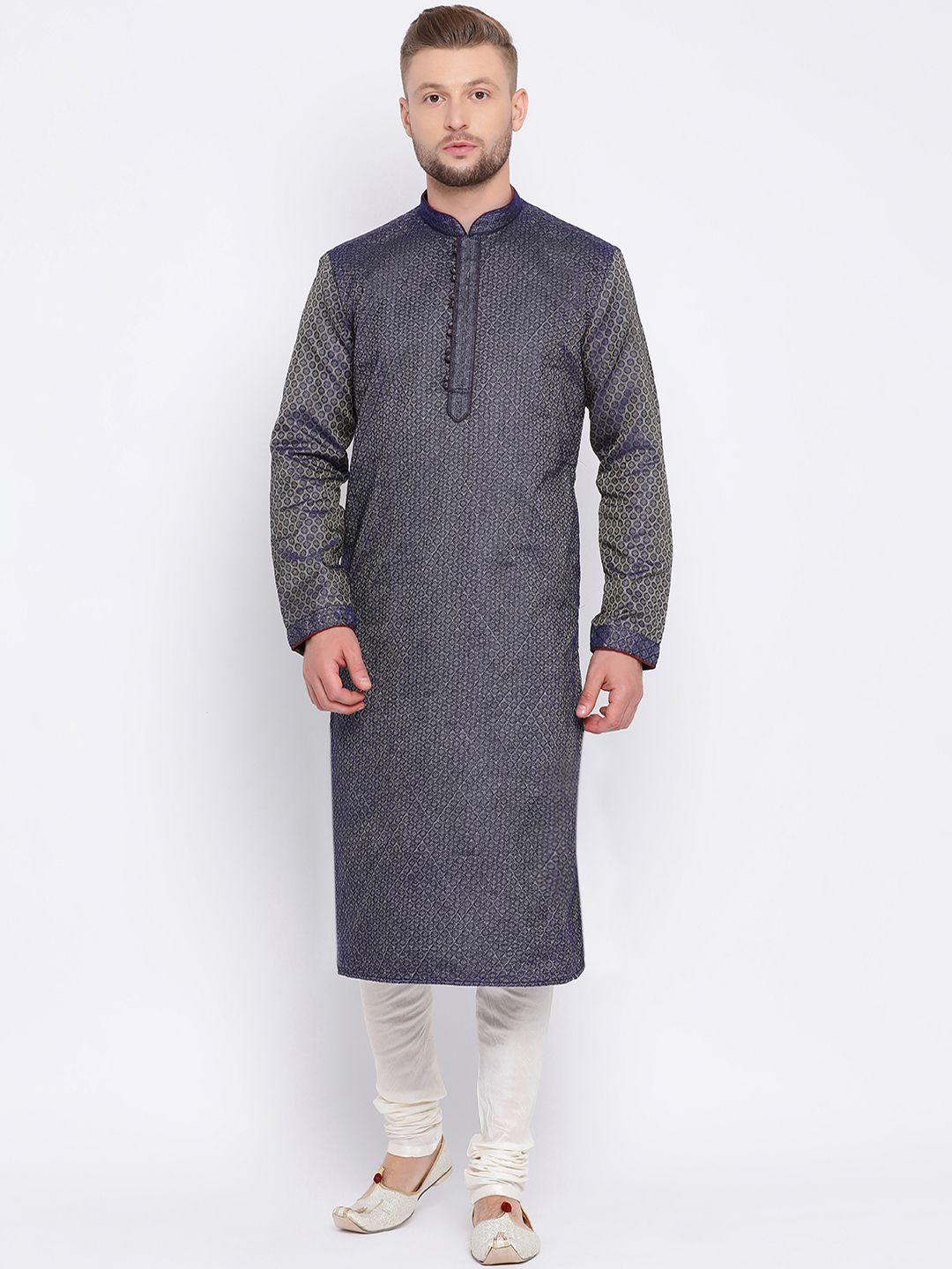 sanwara men blue & white self design kurta with churidar