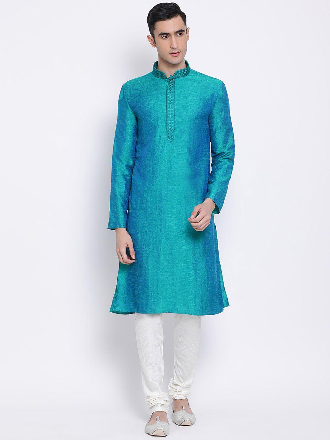 sanwara men blue & white solid kurta with pyjamas