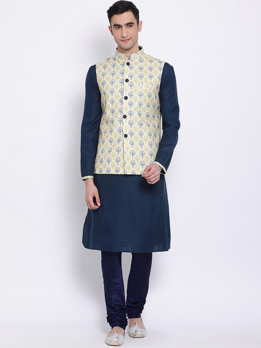 sanwara men blue self design kurta with churidar & nehru jacket