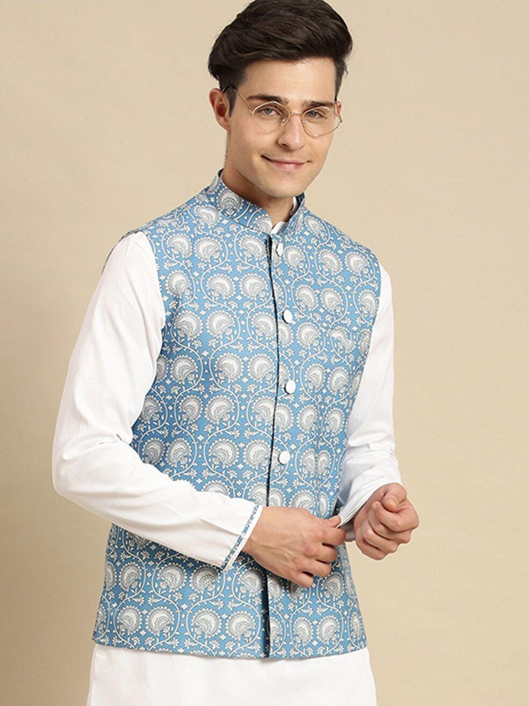 sanwara men blue woven design nehru jacket