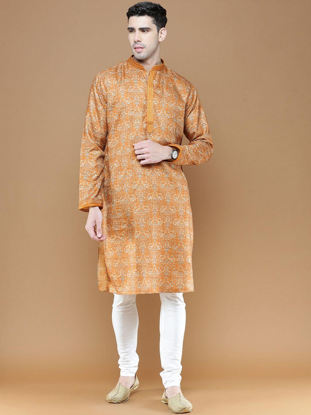 sanwara men brown floral printed regular kurta with pyjamas