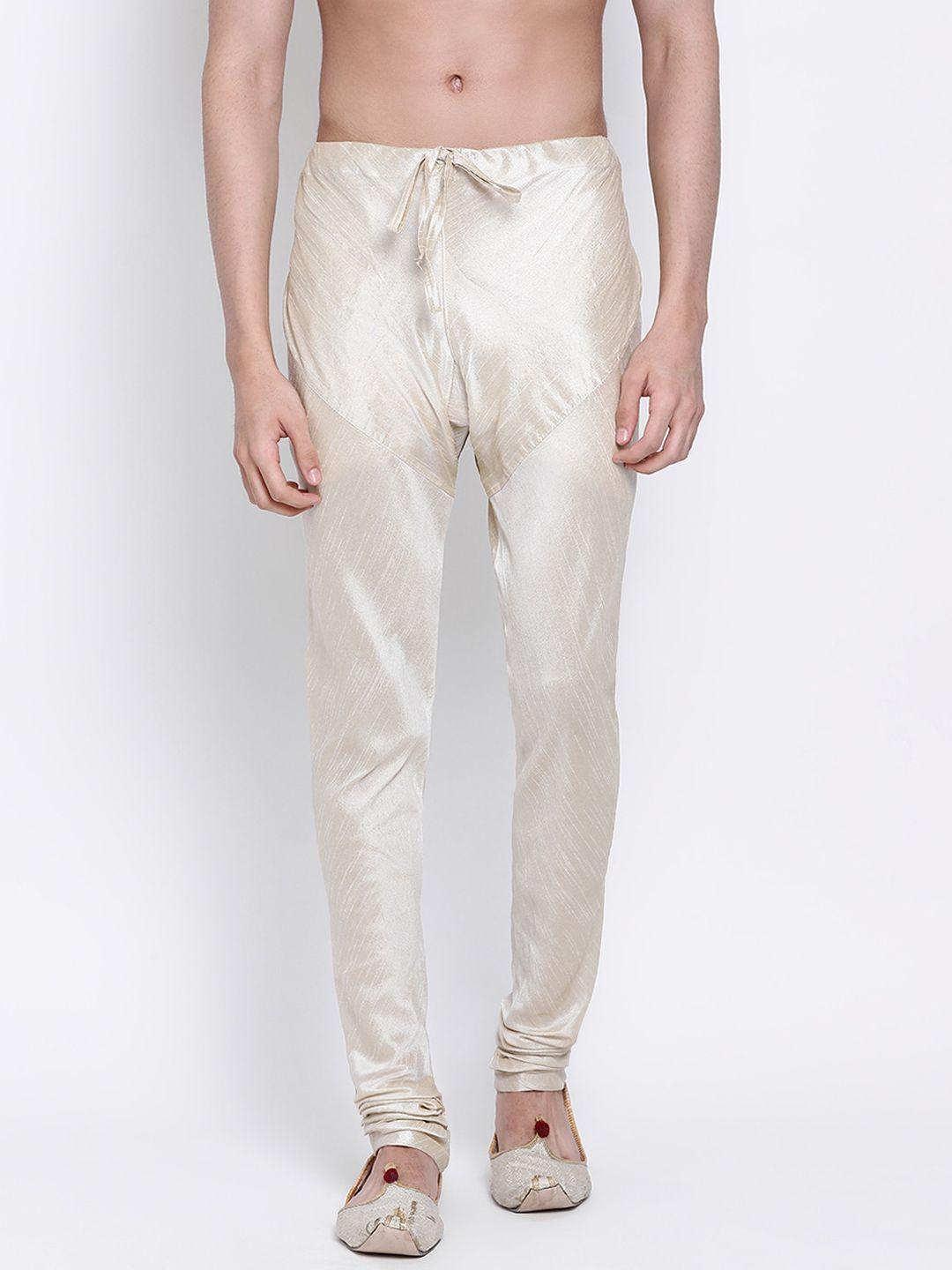 sanwara men cream-coloured solid art silk pyjamas