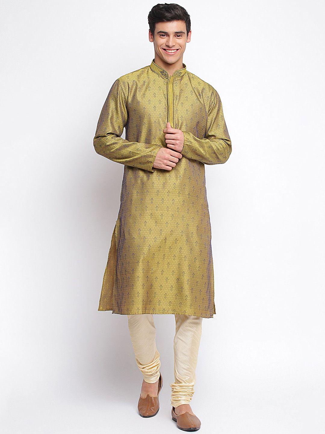 sanwara men gold & cream woven design art silk kurta with churidar