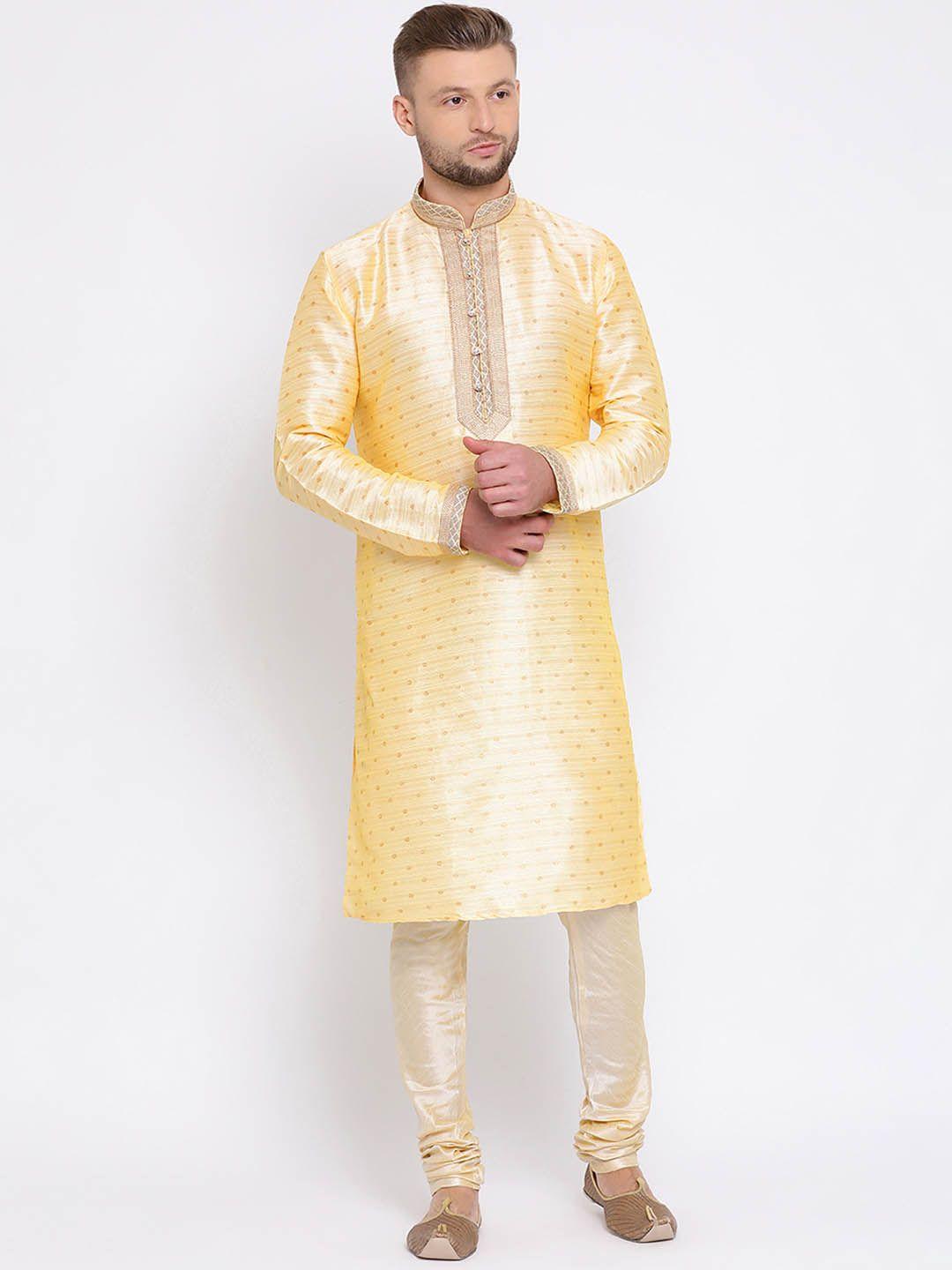 sanwara men gold-toned & cream-coloured self design kurta with churidar