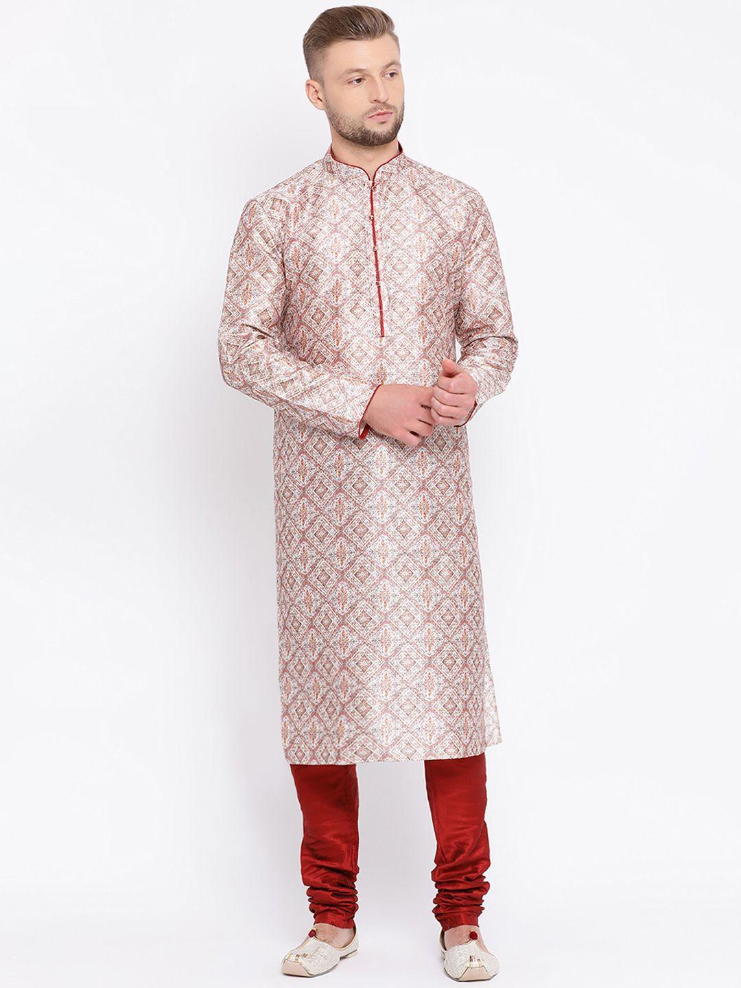 sanwara men gold-toned & maroon printed kurta with churidar