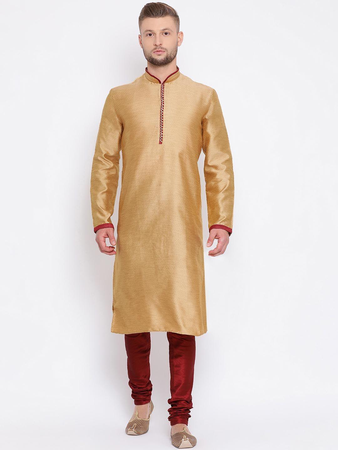 sanwara men gold-toned & maroon self design kurta with churidar