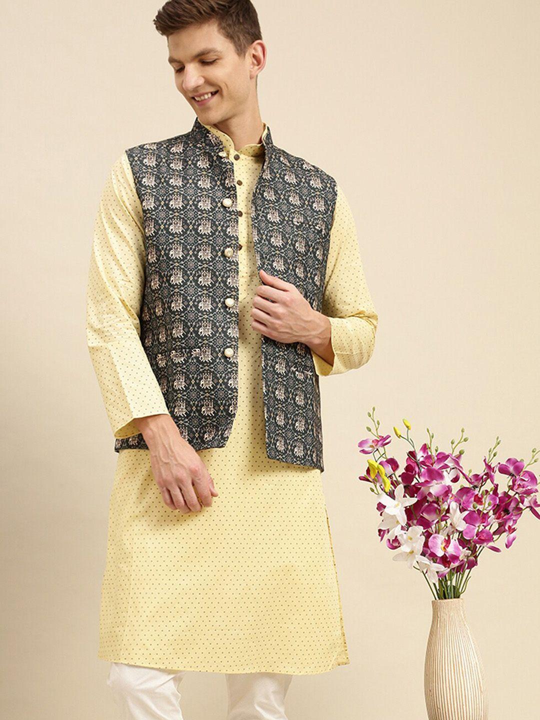 sanwara men green & beige printed woven nehru jackets