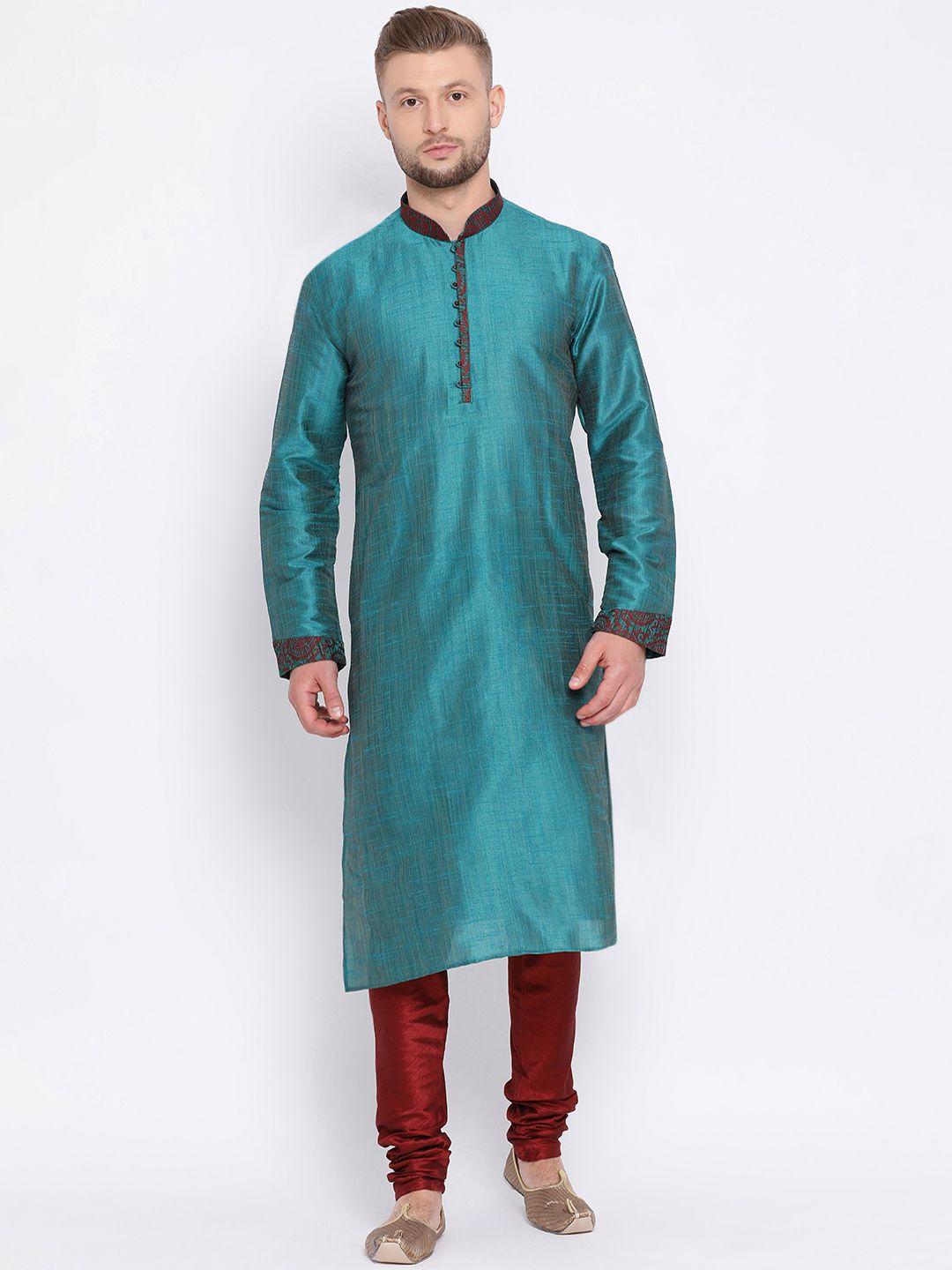 sanwara men green & maroon solid kurta with churidar