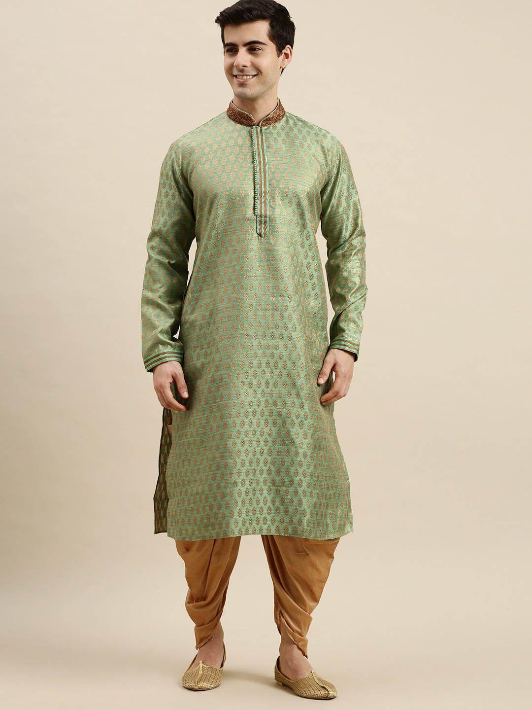 sanwara men green & rose gold ethnic motifs thread work kurta with dhoti pants