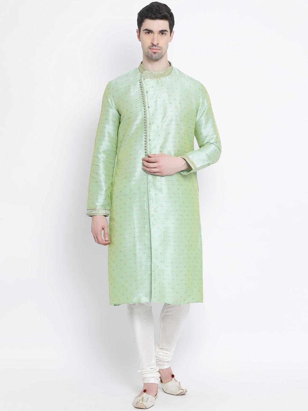 sanwara men green & white self design kurta with churidar