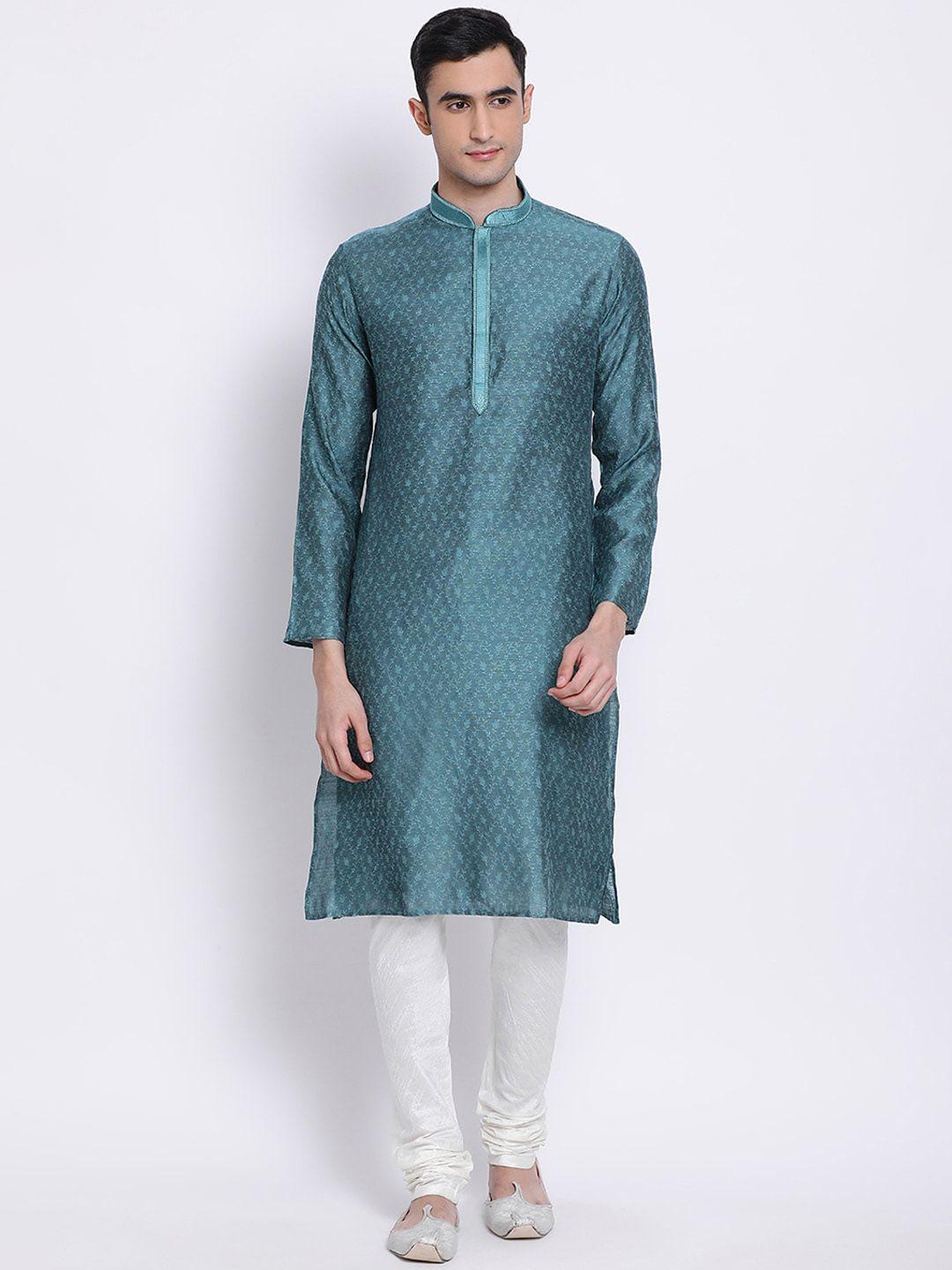 sanwara men green & white self design kurta with pyjamas