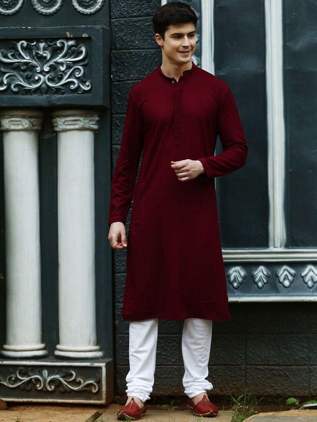 sanwara men maroon embroidered regular chikankari pure cotton kurta with churidar