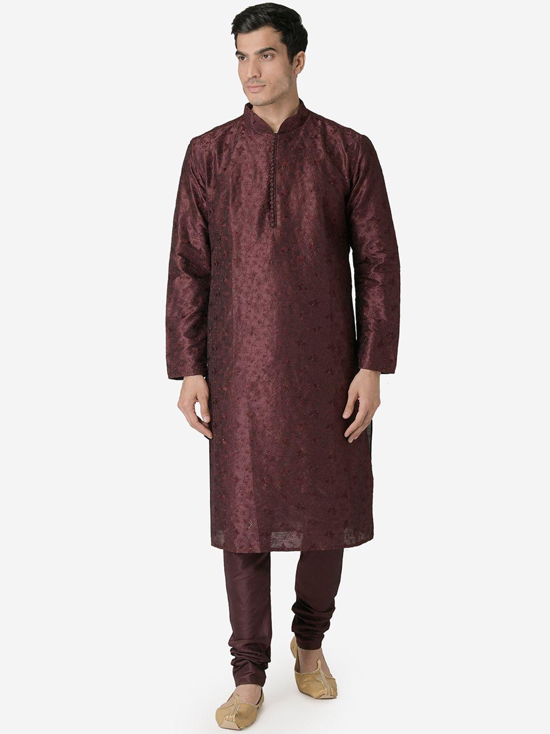 sanwara men maroon embroidered straight kurta