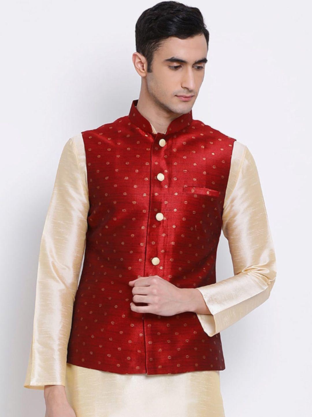 sanwara men maroon woven design nehru jacket