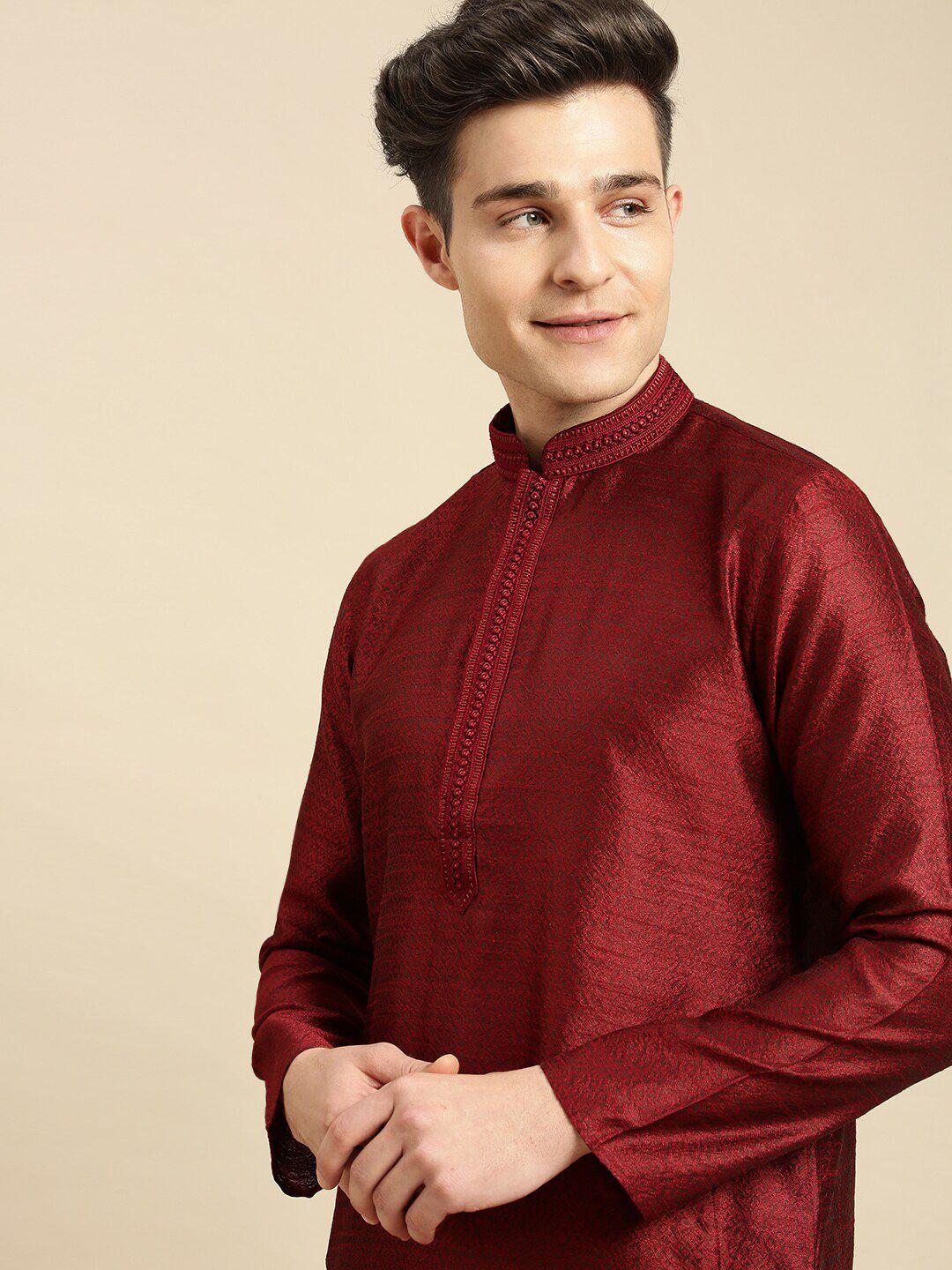 sanwara men maroon woven designer jacquard kurta