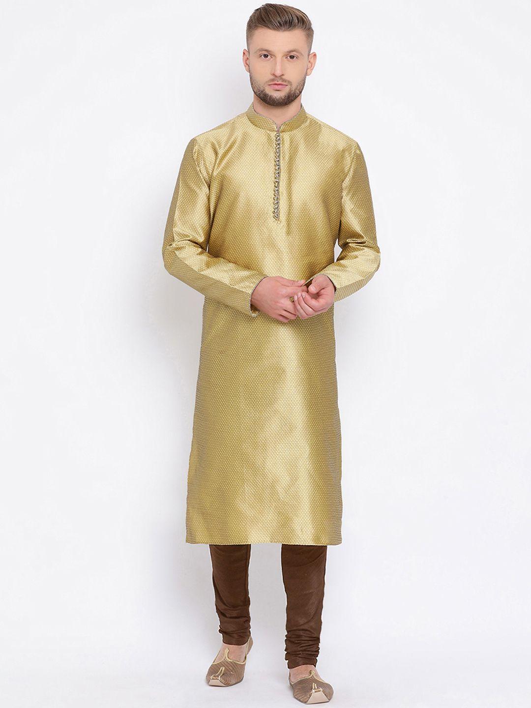 sanwara men mustard yellow & brown self design kurta with churidar